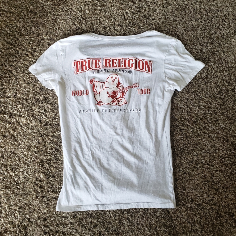 TRUE RELIGION White V-Neck Tee with Horseshoe Logo Size Small